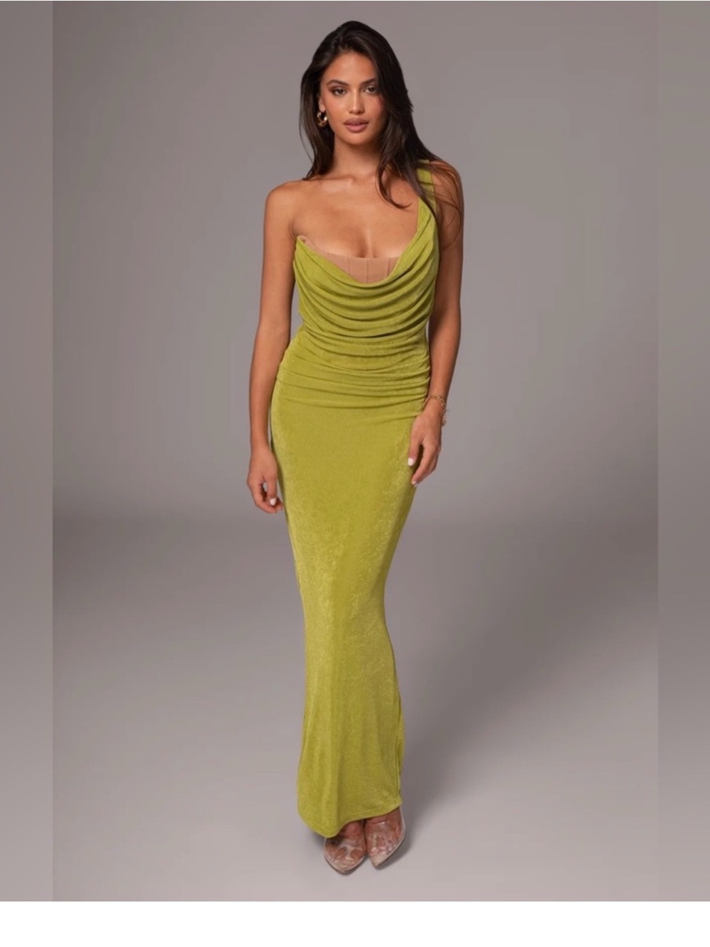 JLUX Asymmetric One-Shoulder Draped Maxi Dress in Chartreuse